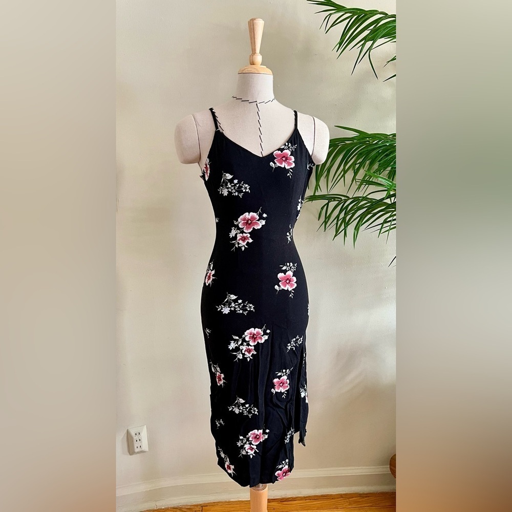 Abercrombie & Fitch Black Floral Midi Dress  With Slit | Size XXS